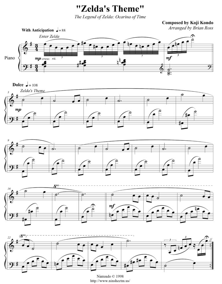 Partition piano Berceuse de Zelda Space Note