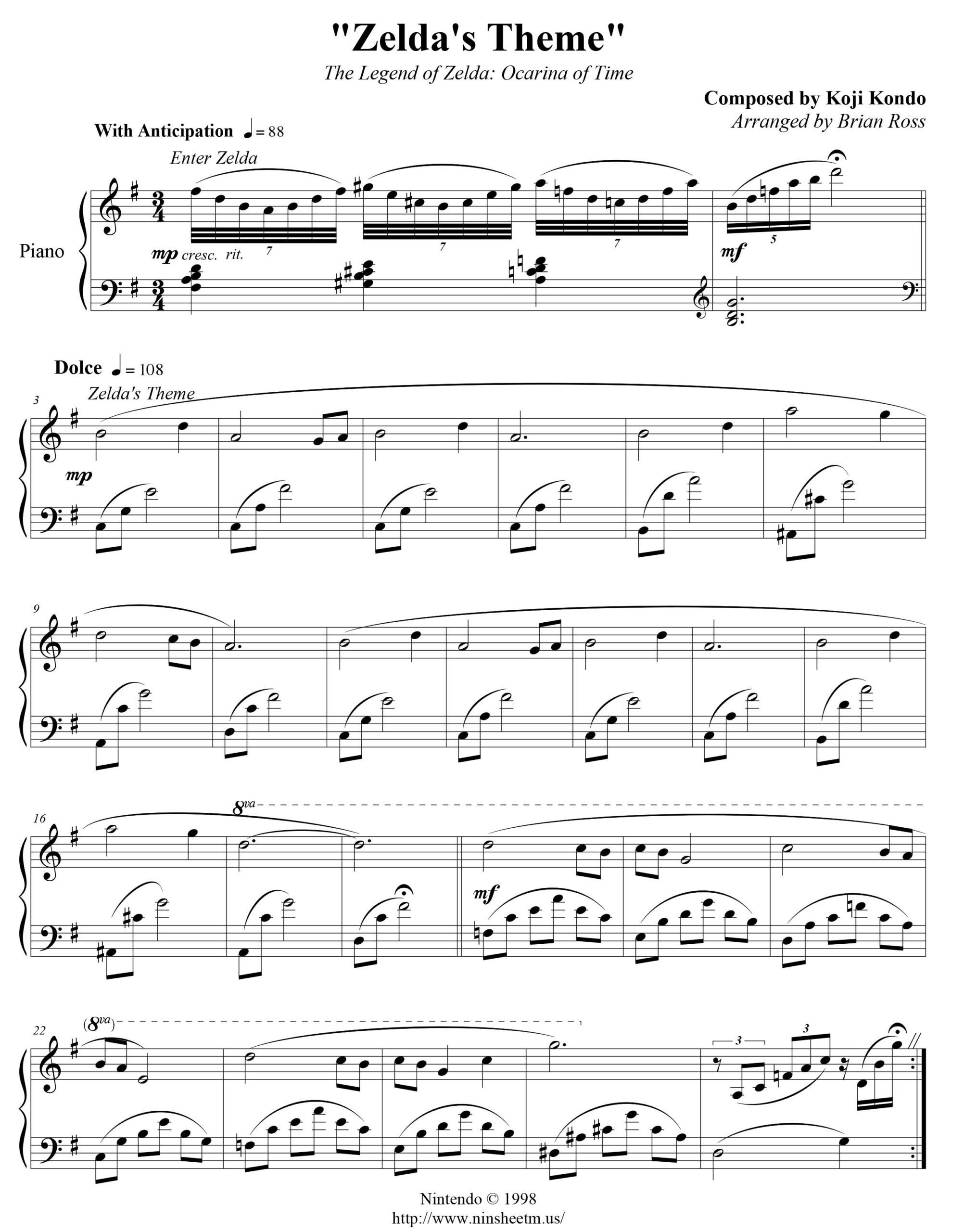 Partition piano Berceuse de Zelda Space Note